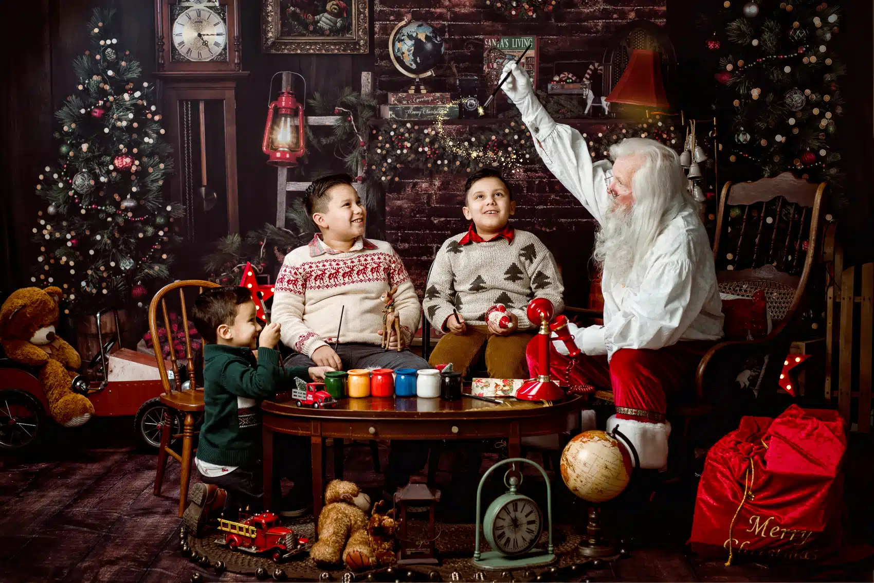 Santa Claus Pictures near me | Children enjoying a Santa Claus photo session in Austin | Candid laughter, real connection.