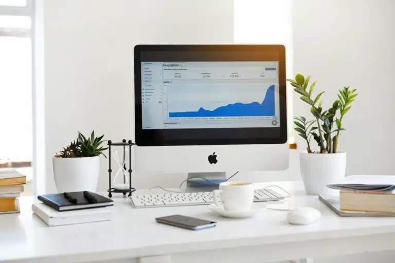 A clean, contemporary workspace featuring a desktop with analytics on the screen and plants for a fresh look. best CRM for small business owners
