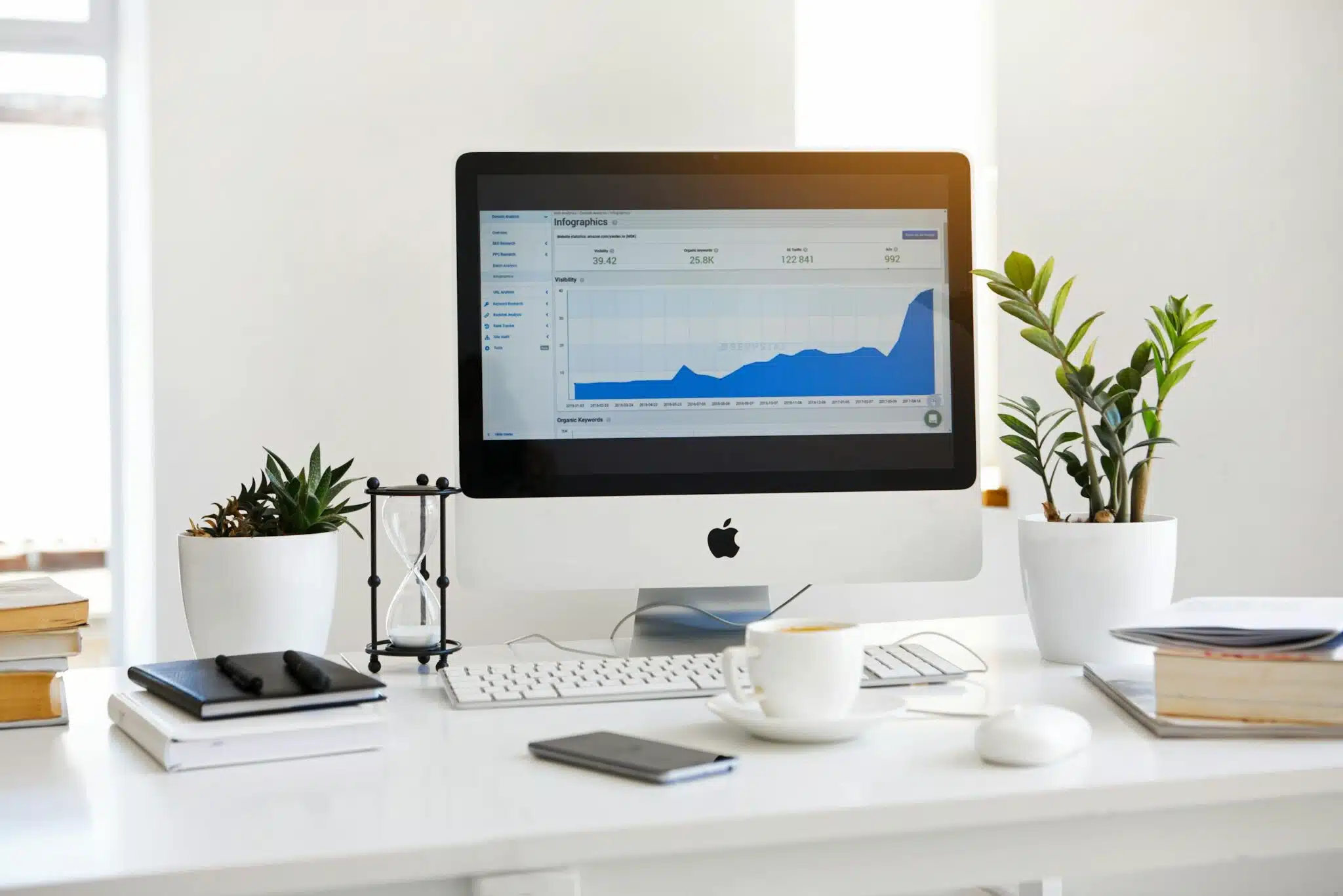Best CRM for Small Business Owners 1 A clean, contemporary workspace featuring a desktop with analytics on the screen and plants for a fresh look. best CRM for small business owners